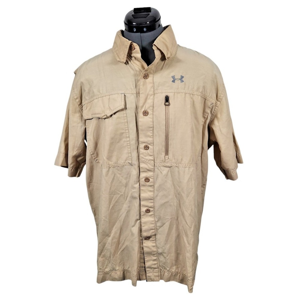 Under Armour Mens Short Sleeve Button Down Fishing Shirt Tan Khaki Large